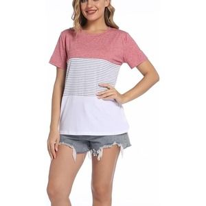 Women's Color Block Striped T-Shirt Short Sleeve Loose Tunic Blouse Size S Pink